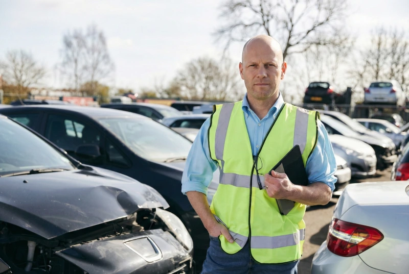 Mann in reflektierender Weste steht auf einem sonnigen Parkplatz mit beschädigten Autos, hält einen schwarzen Ordner in der Hand und blickt in die Kamera.