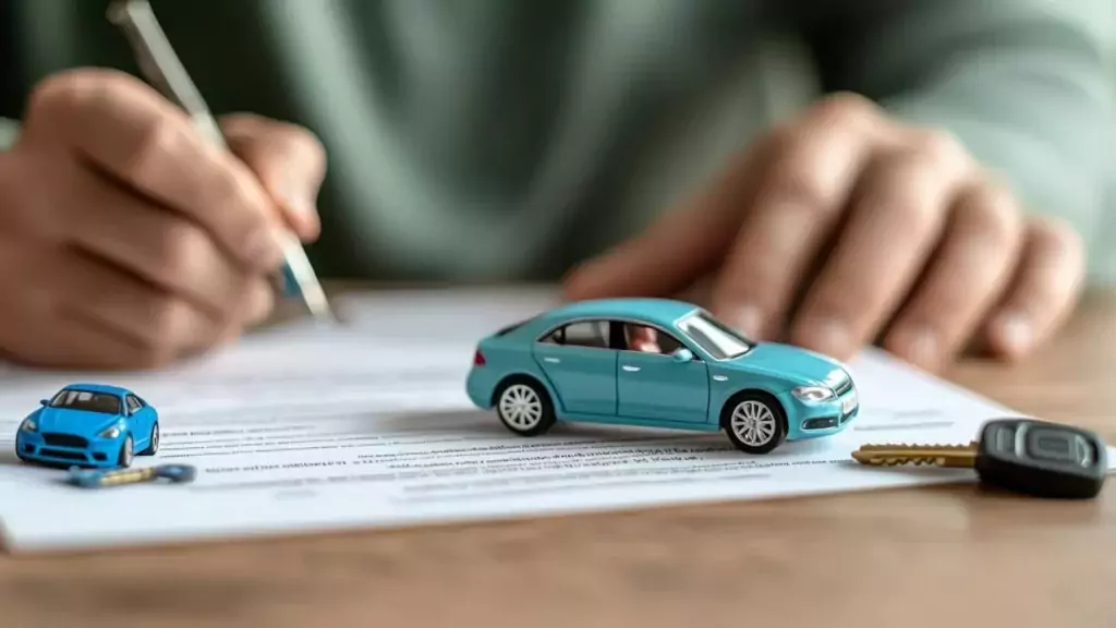 Eine Person füllt an einem Tisch mit Modellautos und einem Autoschlüssel Papiere aus, die auf einen Autohandel oder eine Versicherung hindeuten.