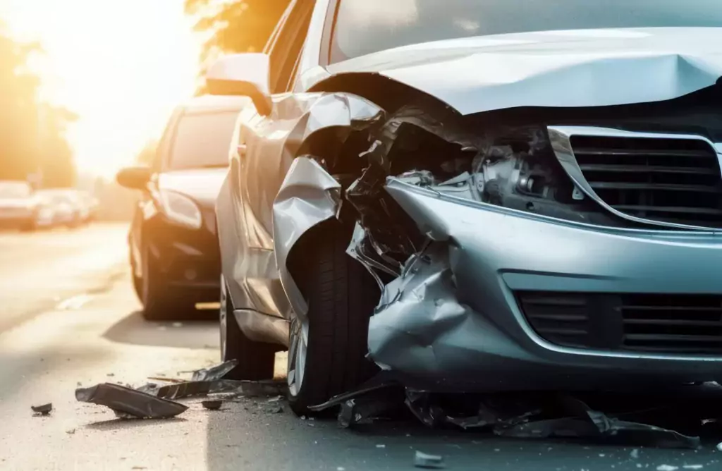 Silbernes Auto mit Frontschaden steht neben anderem Wagen auf sonniger Straße - Unfallregulierung nötig.