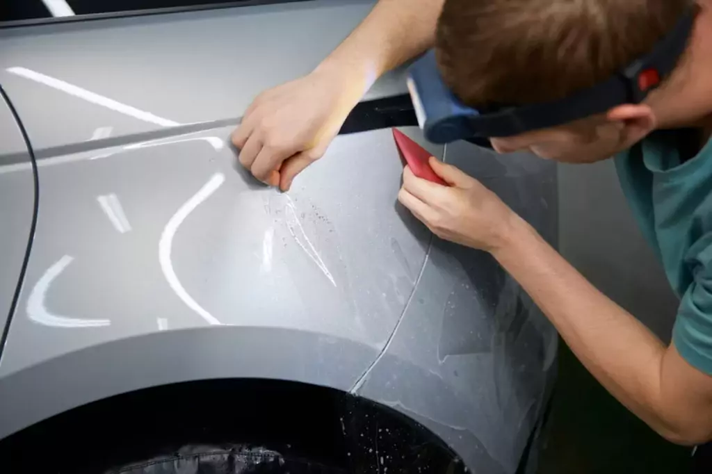 Eine Person mit Scheinwerfer benutzt ein Werkzeug, um die Schutzfolie auf dem Kotflügel eines silbernen Autos vorsichtig zu glätten.