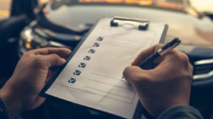 Eine Person schreibt eine Checkliste auf einem Klemmbrett ab; das unscharfe Armaturenbrett eines Autos im Hintergrund deutet auf einen Inspektions- oder Bewertungsprozess hin.