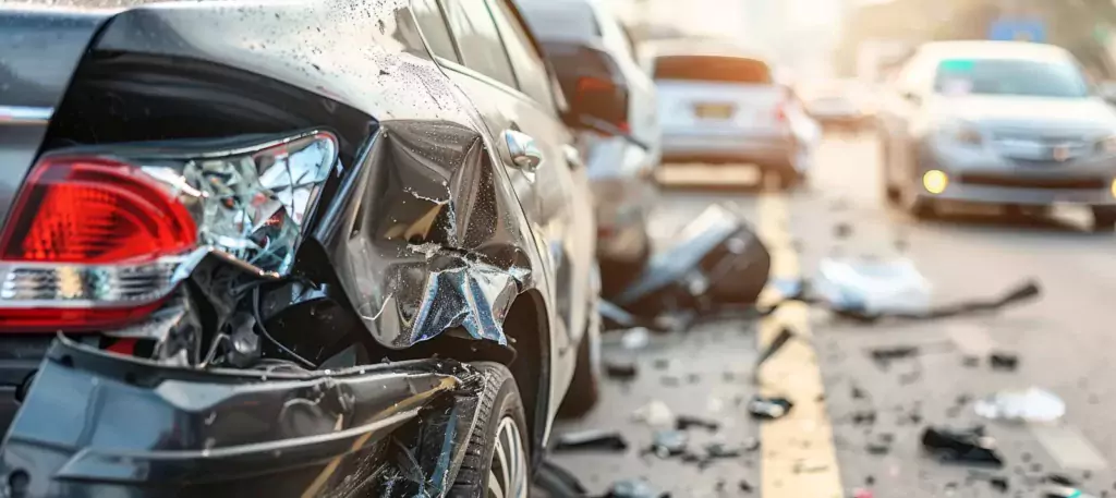 Schwarzes Auto mit Heckschaden nach einem Unfall in der Stadt; Trümmer und andere Autowracks im Hintergrund, Betonung der Unfallregulierung.
