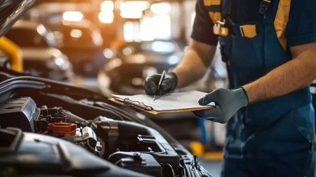 Ein Mechaniker in Handschuhen und Latzhose prüft einen Automotor und schreibt auf einem Klemmbrett in einer hellen Garage mit verschwommenen Autos dahinter.