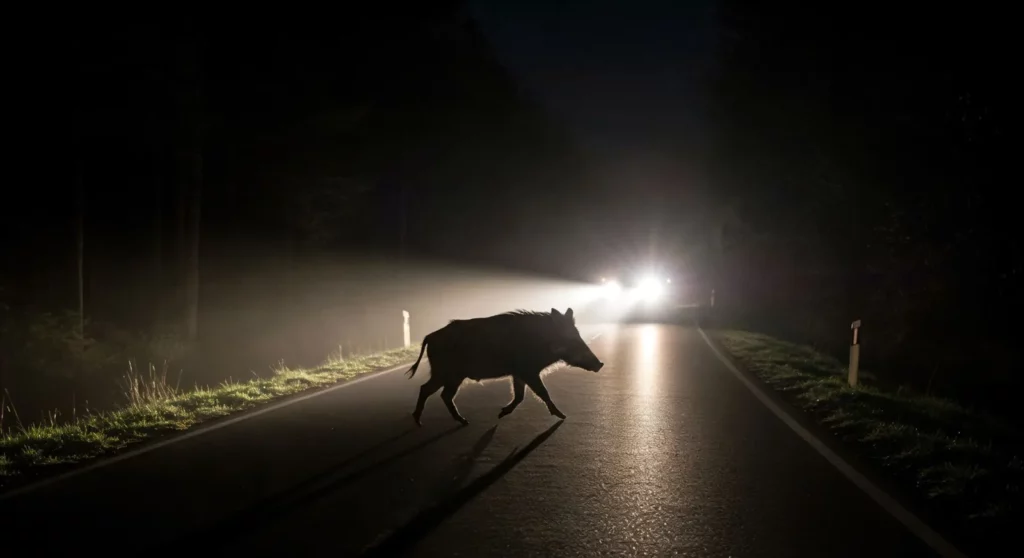 Ein Wildschwein überquert nachts eine dunkle Straße, beleuchtet von Autoscheinwerfern; die angespannte Szene lässt auf einen möglichen Unfall schließen.