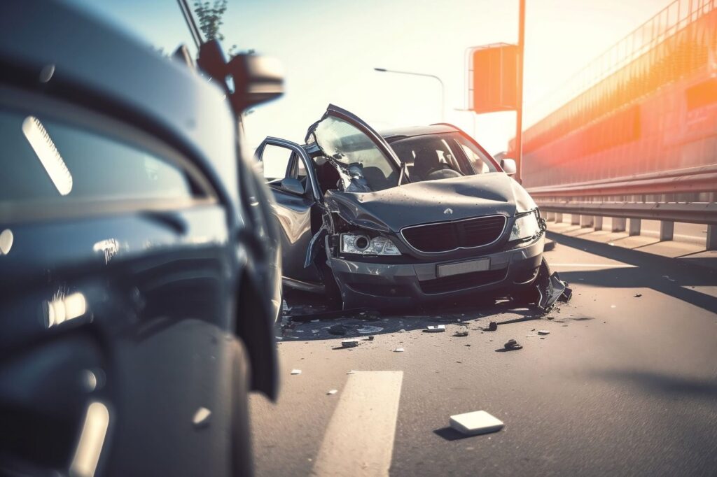 Zwei Autos kollidiert auf Stadtstraße bei Tag; schwarzes Auto vorne stark beschädigt, Trümmer, anderes Auto teils sichtbar.
