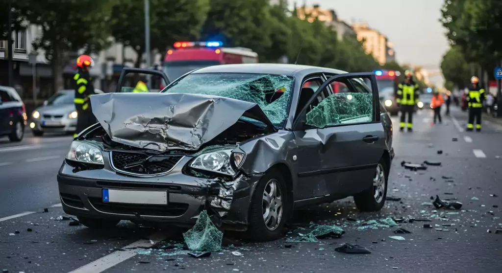 Schwer beschädigtes Auto auf einer Straße in der Stadt, Trümmer in der Nähe. Im Hintergrund sind Rettungskräfte und Fahrzeuge mit Blinklichtern zu sehen.