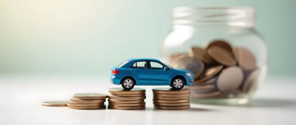 Blaues Spielzeugauto auf gestapelten Münzen, dahinter ein Glas mit Münzen; steht für Sparen oder Planen von Autoausgaben wie ein Reifenplatzer.