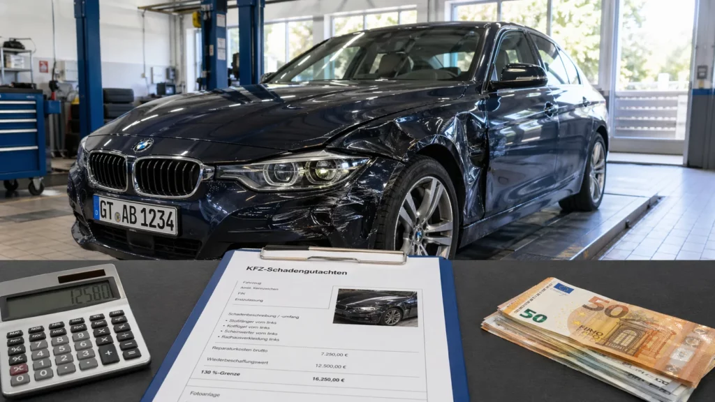 Beschädigter BMW in Werkstatt mit KFZ-Schadengutachten und 130-Prozent-Berechnung