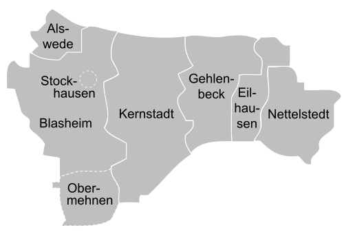 Karte von Lübbecke mit Ortsteilen: Alswede, Stockhausen, Blasheim, Kernstadt, Gehlenbeck, Eilhausen, Nettelstedt und Obermehnen.