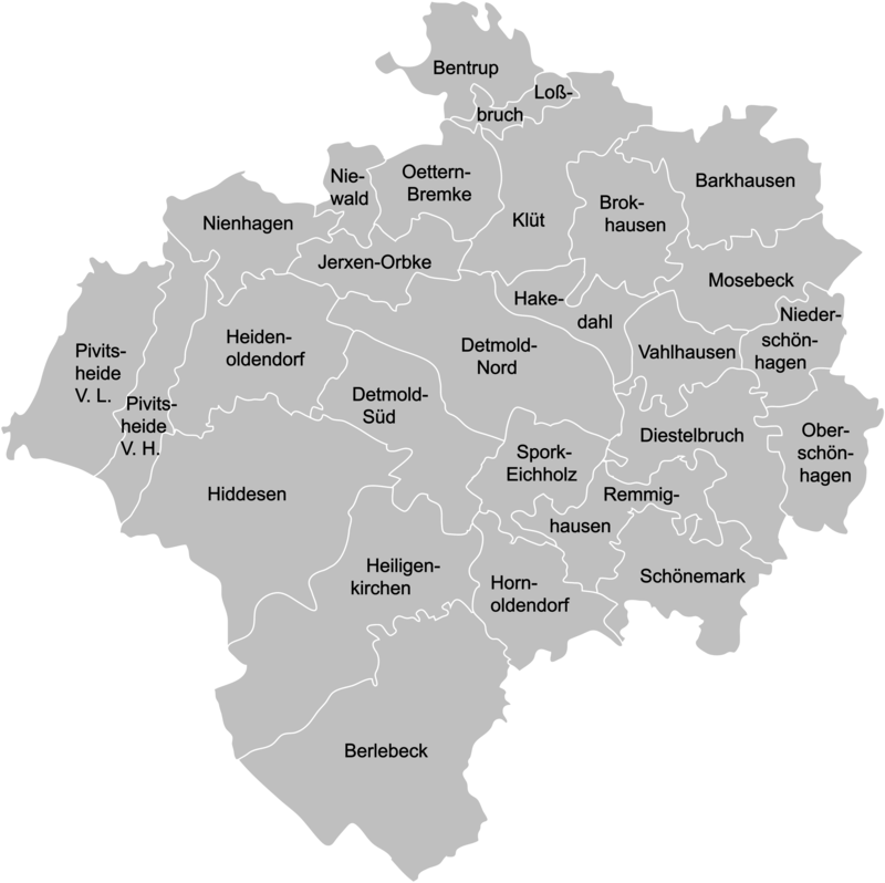 Karte von Detmold mit Stadtteilen
